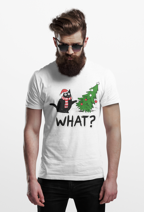 WHAT? Christmas Cat Tee | Funny Holiday T‑Shirt | Unisex Softstyle (White, Black, Kelly, Red)