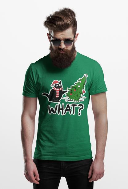 WHAT? Christmas Cat Tee | Funny Holiday T‑Shirt | Unisex Softstyle (White, Black, Kelly, Red)