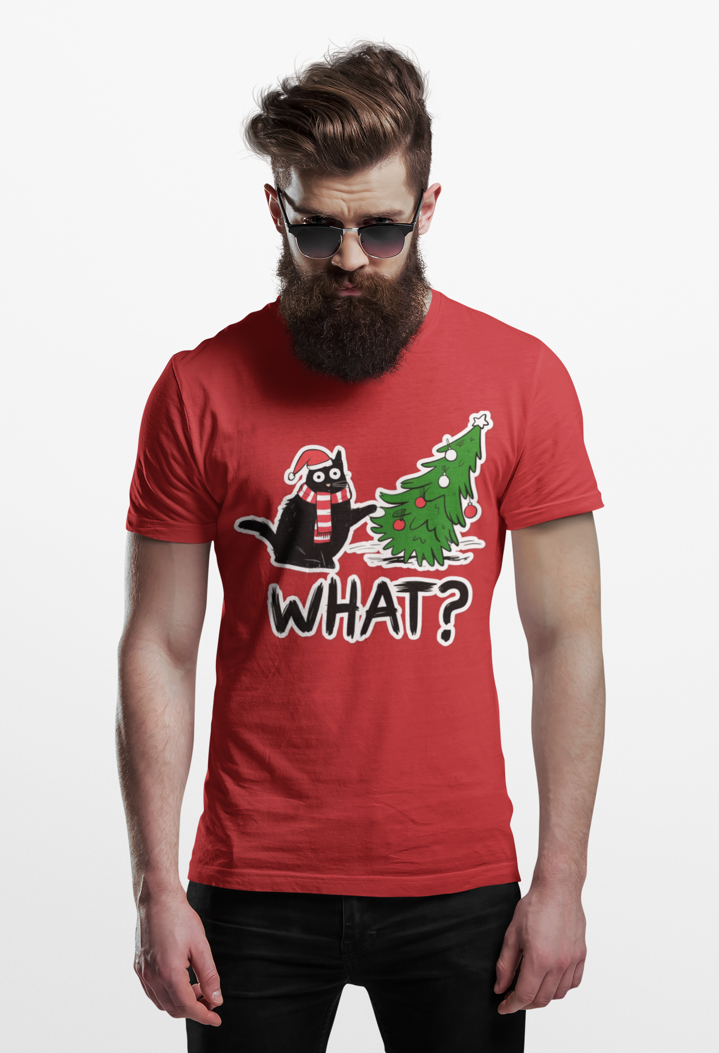 WHAT? Christmas Cat Tee | Funny Holiday T‑Shirt | Unisex Softstyle (White, Black, Kelly, Red)