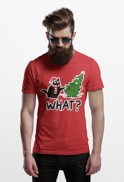 WHAT? Christmas Cat Tee | Funny Holiday T‑Shirt | Unisex Softstyle (White, Black, Kelly, Red)
