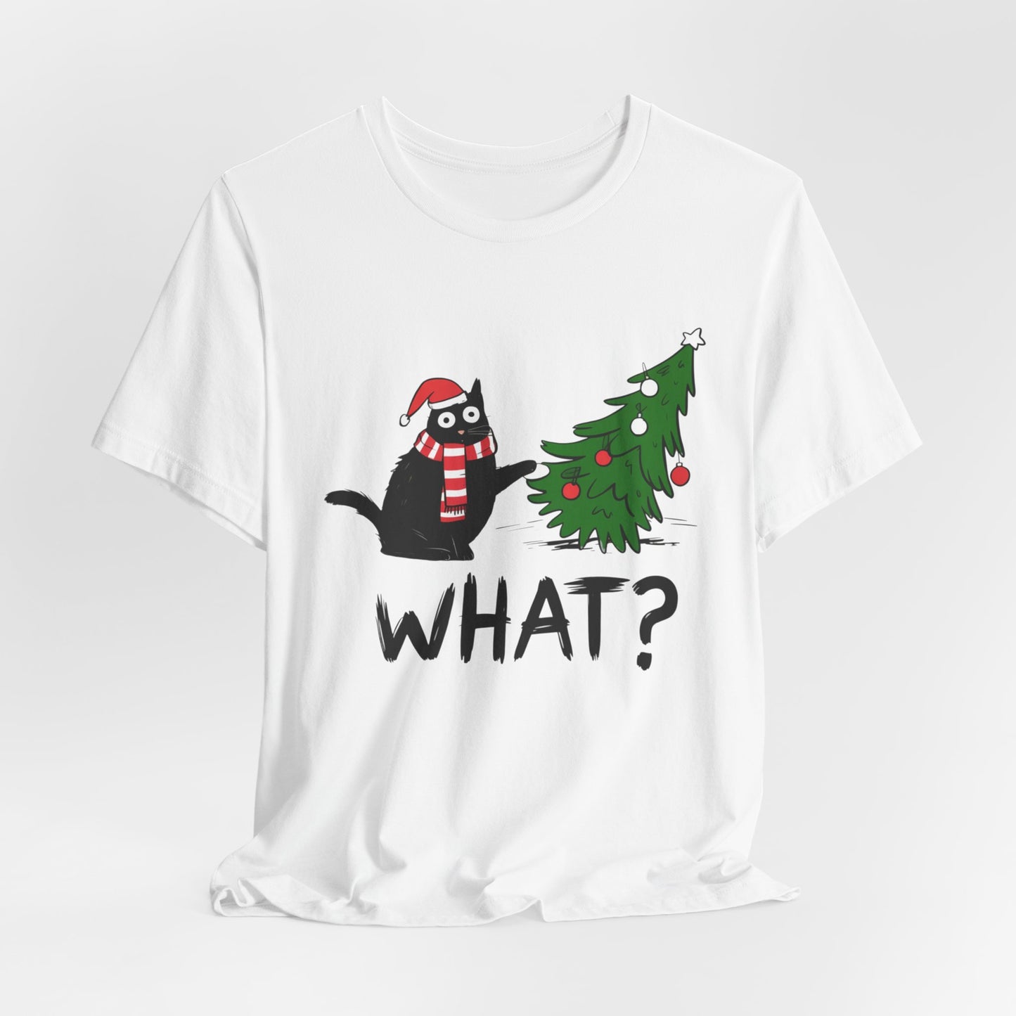 WHAT? Christmas Cat Tee | Funny Holiday T‑Shirt | Unisex Softstyle (White, Black, Kelly, Red)