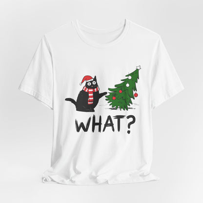 WHAT? Christmas Cat Tee | Funny Holiday T‑Shirt | Unisex Softstyle (White, Black, Kelly, Red)