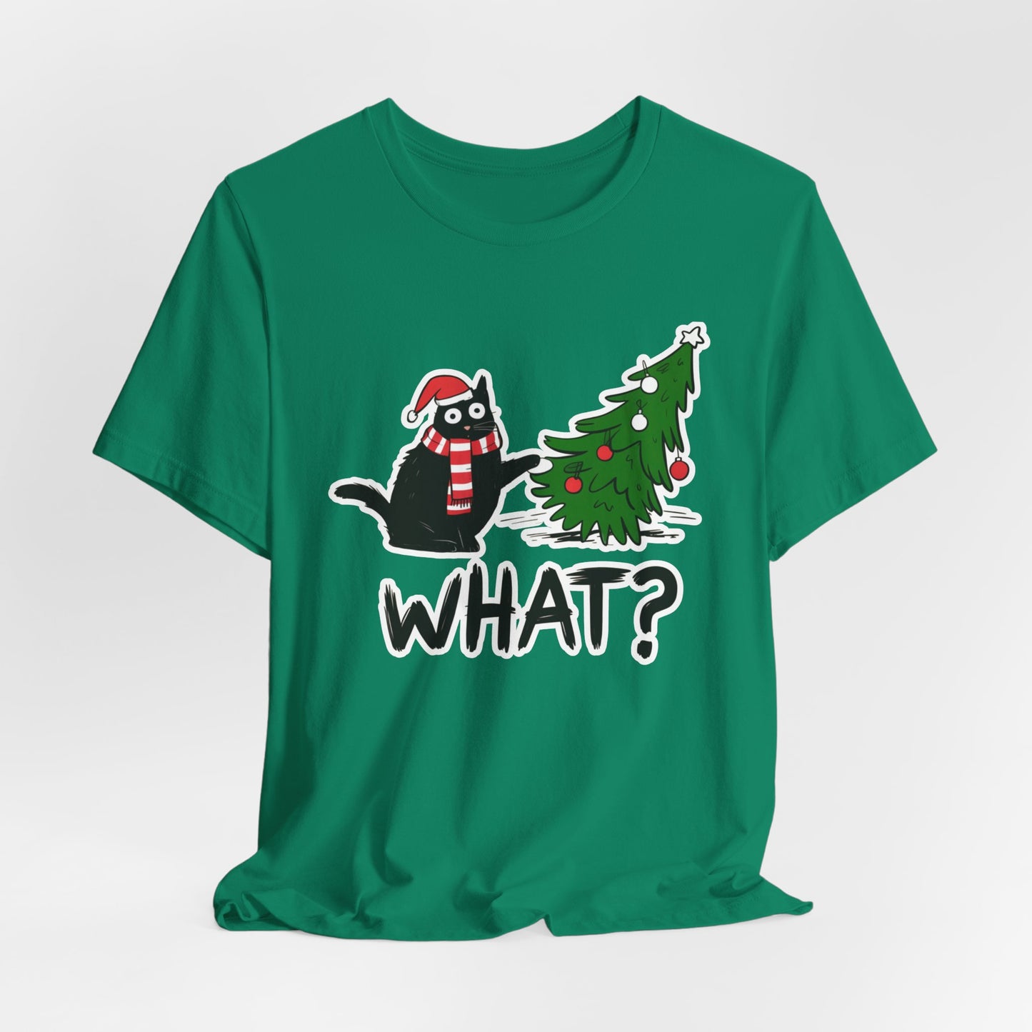 WHAT? Christmas Cat Tee | Funny Holiday T‑Shirt | Unisex Softstyle (White, Black, Kelly, Red)